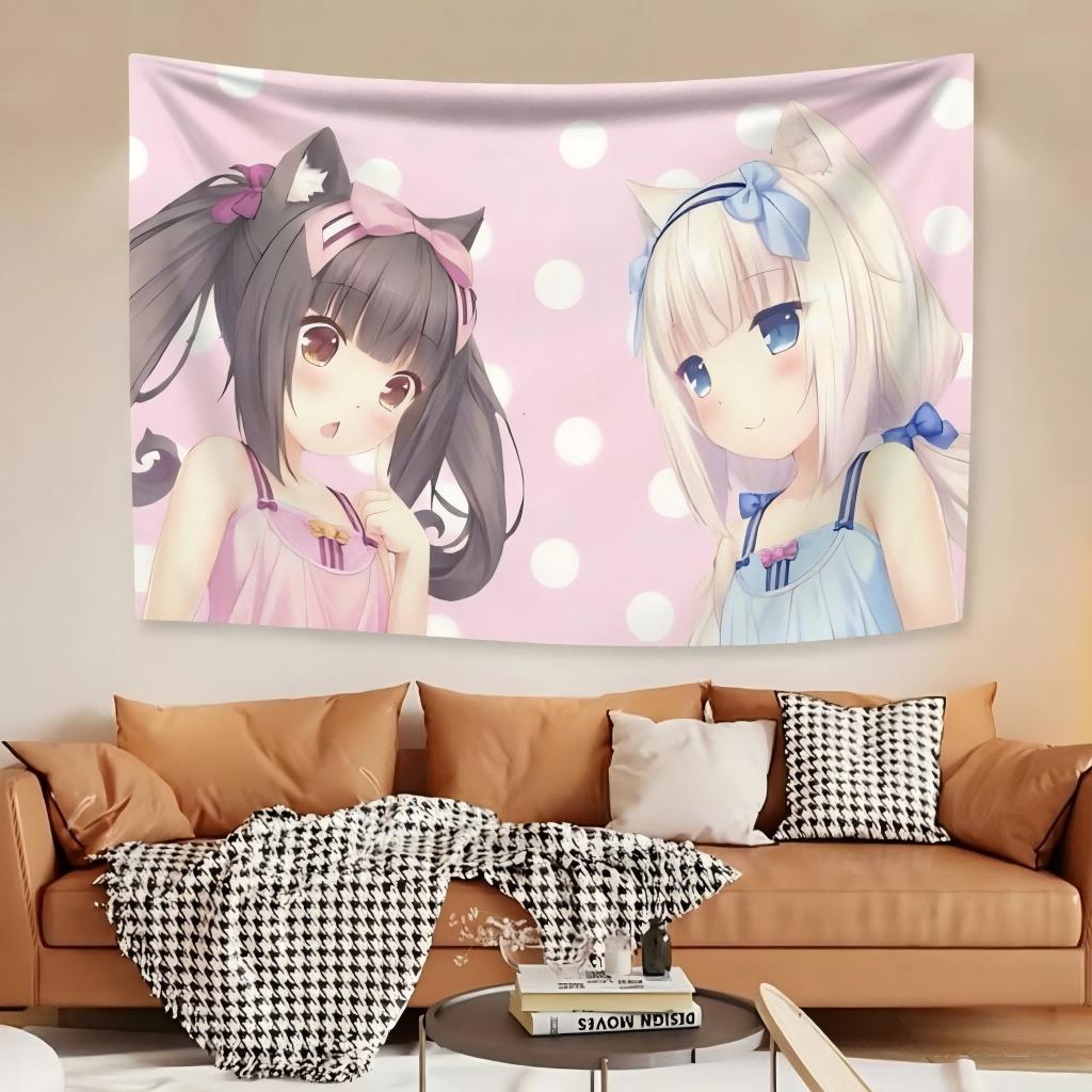 1pc Nekopara Chocola & Vanilla Anime Tapestry, Cute Cat Girls Wall Hanging, Pastel Pink Blue Aesthetic Decor for Bedroom Dorm