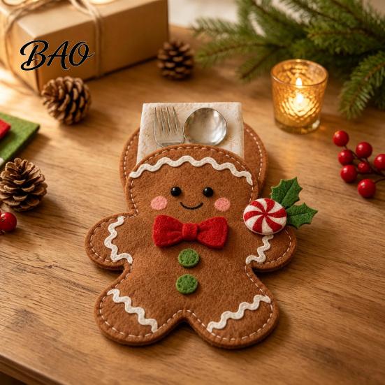 Gingerbread Table Accent Christmas Felt Cutlery Holder DIY Kit, Holiday Flatware Pouch Craft Setting Organizer Set, Handmade Utensil Sleeve for Dinner