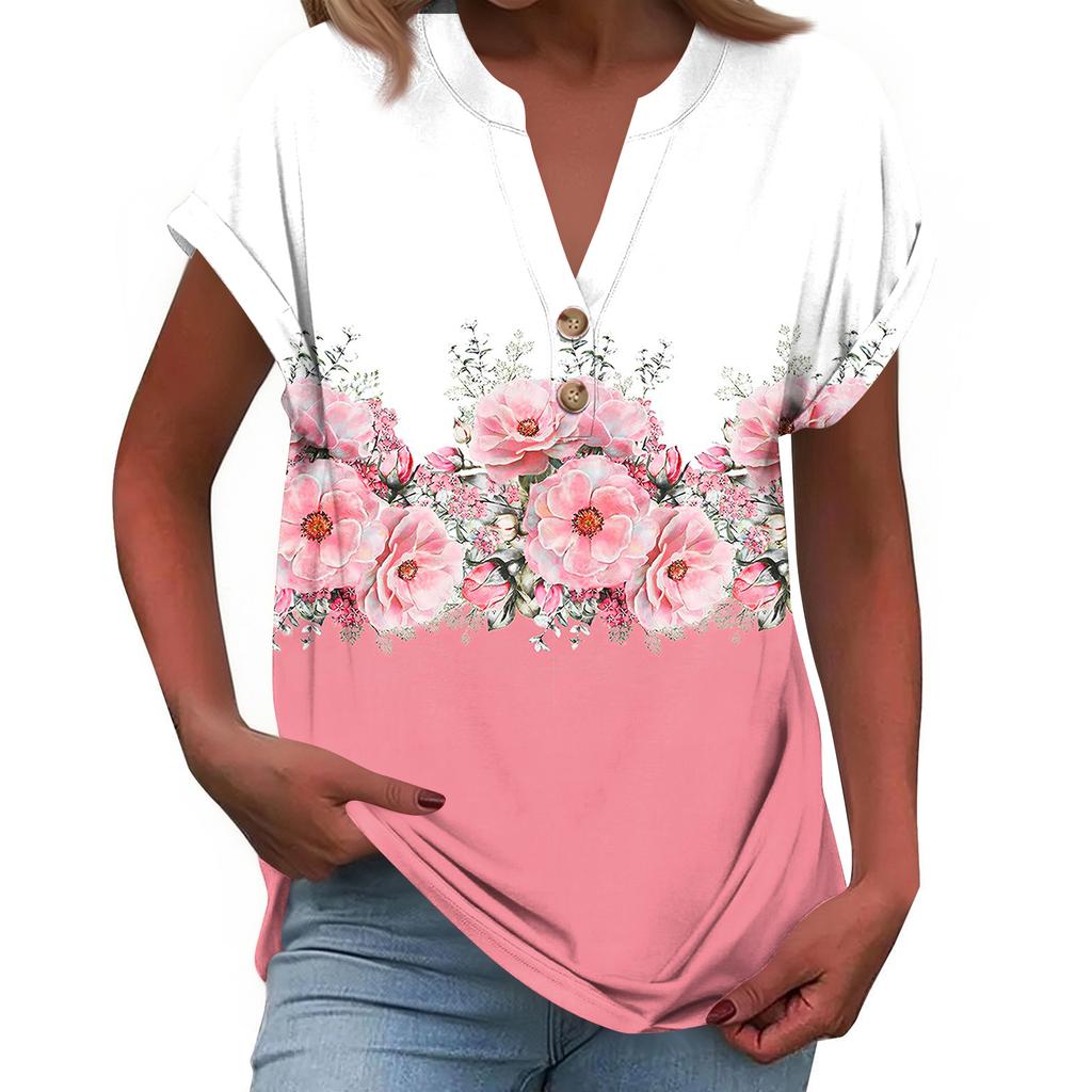 Modieuze Casual Losvallende Dames T-shirt Top met Korte Mouwen, Knopen en V-hals, Bedrukt