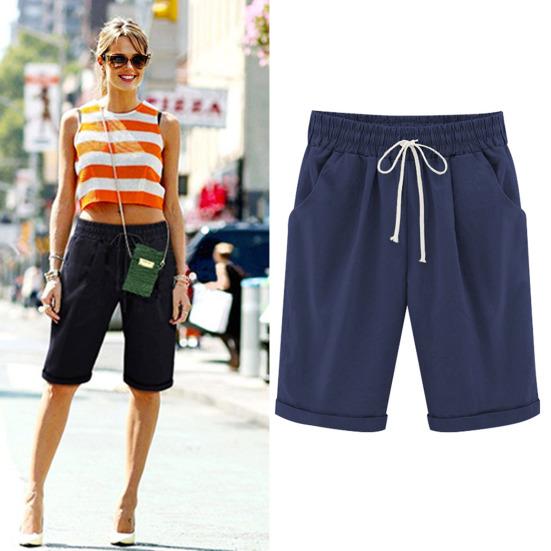 Pantaloncini estivi da donna con coulisse Vita elastica Lunghezza al ginocchio Gamba larga Tasche laterali larghe Pantaloni corti da donna casual in puro colore taglie forti