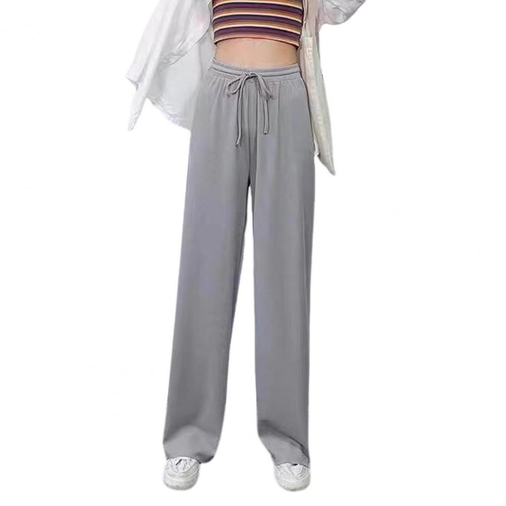 Women Ice Silk Pants Elastic High Waist Adjustable Drawstring Straight Wide Leg Pants Solid Color Long Trousers Daily Wear