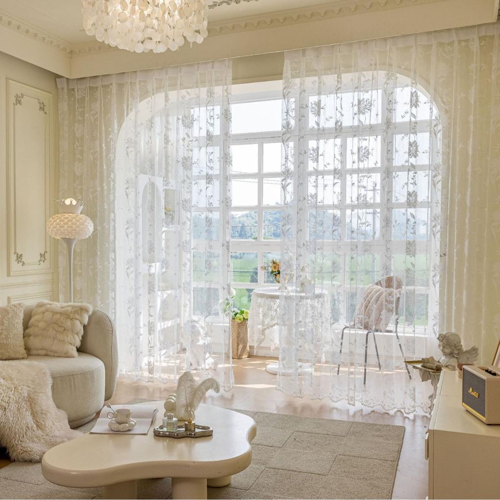 White Flower Embroidery Yarn Curtains, French Romantic Style Embroidered Yarn Curtains for Floating Window, Balcony, Living Room Bedroom Window