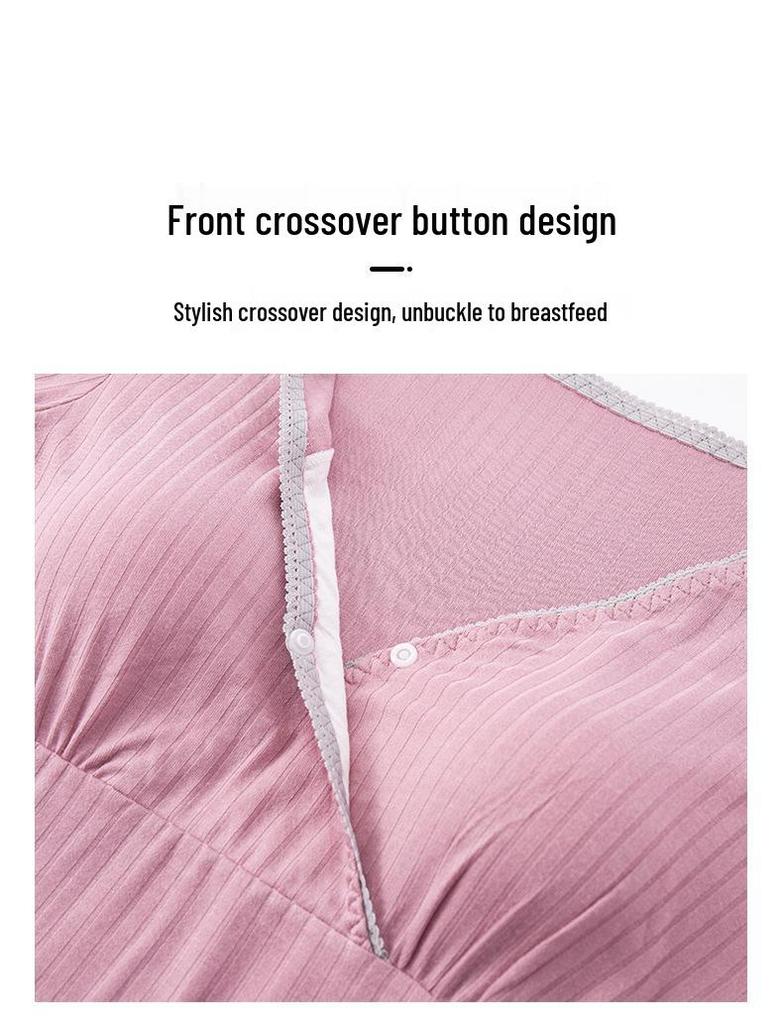 V-Neck Nursing Dress with Insertable Cups for Breastfeeding - Fashionable Postpartum Pajamas
