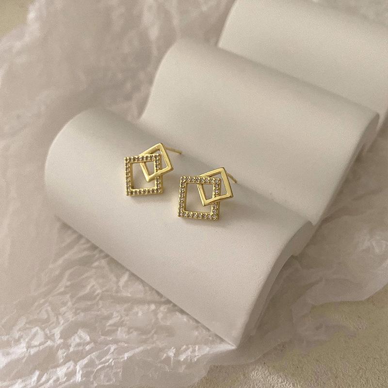 Koreanische Geometrische Doppellagige Rhombus Ohrringe für Frauen Goldfarbe Kristall Temperament Ohrring 2025 Mode Zirkonia Geschenk