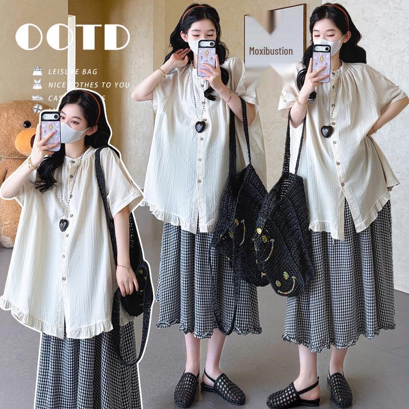 Women s Summer Forest Cotton-Linen Shirt & Plaid Skirt Set L