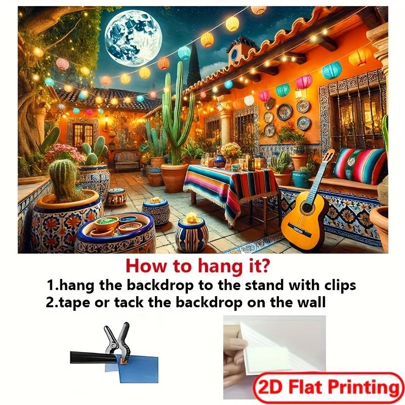 2D plane - Cultural celebration colorfully decorated Mexican courtyard scene background banner - polyester wall decoration