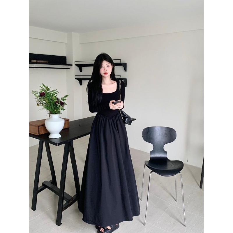 Spring New French Temperament Square Collar Waist Thin Inside Bottom Long-sleeved Skirt