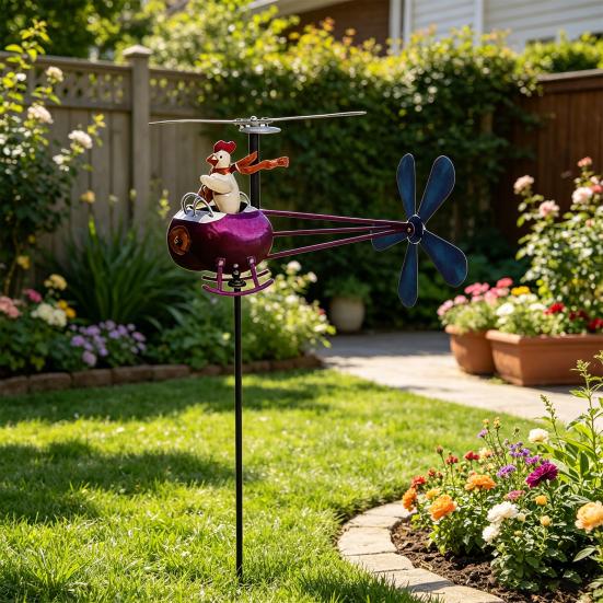 Yousheng Rooster Helicopter Wind Spinner, Outdoor Wind Driven Kinetic Sculpture, Funny Garden Wind Spinner, Chicken Ornament for Lawn Yard