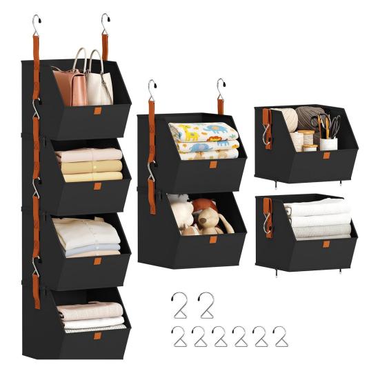 1 Set Collapsible Hanging Closet Organizer Adjustable Wardrobe Storage System with Hooks 4 Tier Closet Shelves Foldable Fabric Storage Bins
