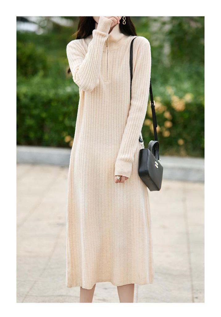 Women's Pure Wool Knit Maxi Dress - Long Sleeve, Half-Zip, Loose Fit, Solid Color, Autumn/Winter Fashion.