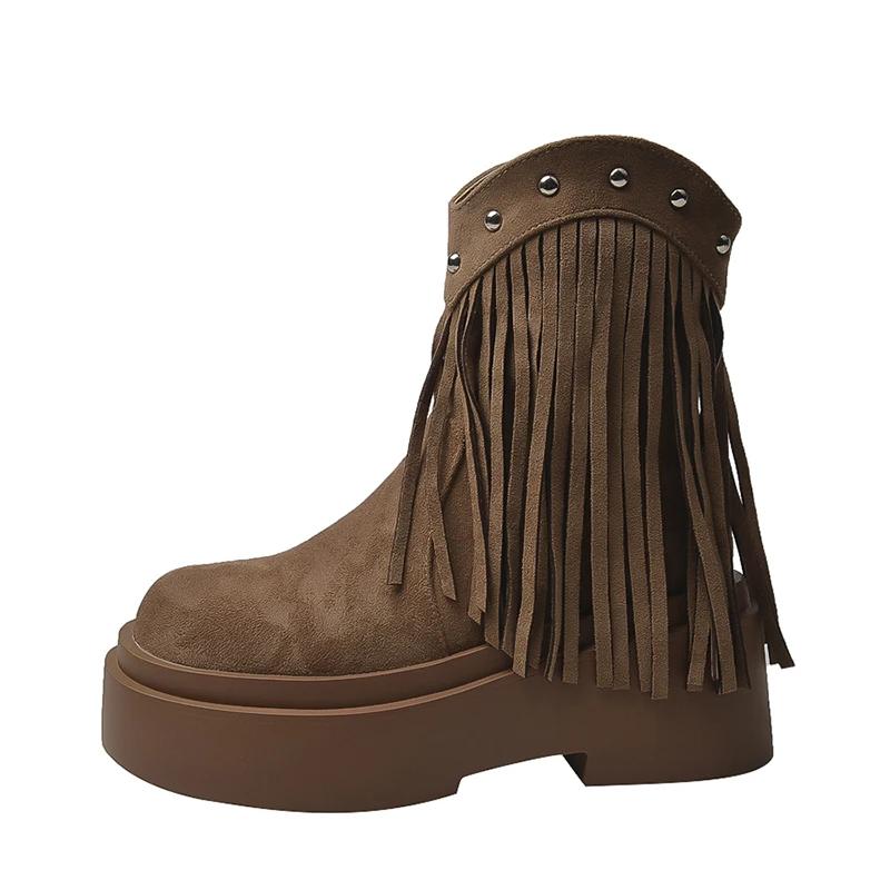 Vintage Chunky Women Western Cowgirl Boots Fashion Tassels Shoes Autumn Winter Platform Heel Ladies Short Booties