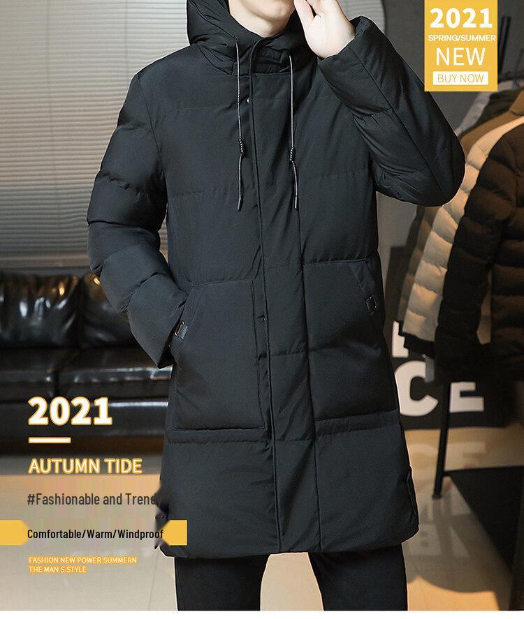 Men's Mid-Length Hooded Cotton Jacket - Plus Size, Slim Fit, Thickened for Warmth, Korean Style, Outdoor Windbreaker
