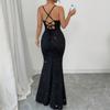 Women's Sleeveless Glitter Gown with Spaghetti Straps Fitted Bodice and Floor Length Dress