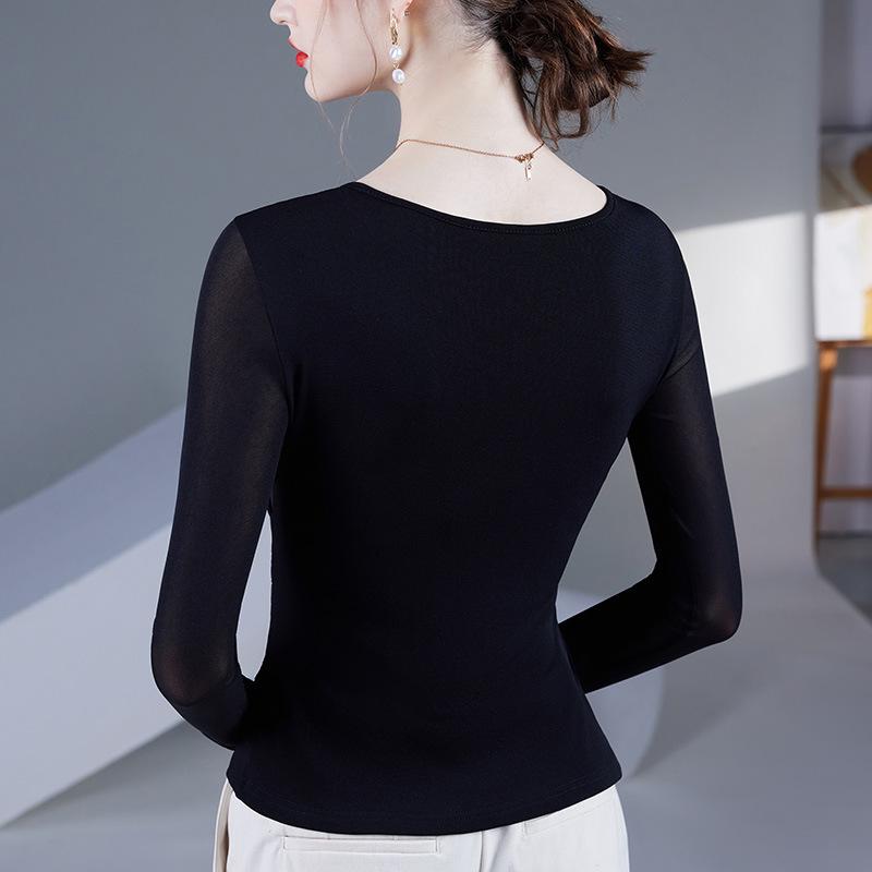 2025 Women's Fashion V-Neck Mesh Long-Sleeve Top - Waist-Cinching, Belly-Covering