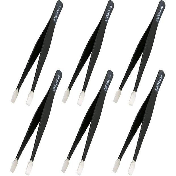 Aoje-Link ESD-13 Professional Anti-Static Technology Tweezers, Non-magnetic Flat and Round, Stainless Steel Plastic Coated, Full Length 120mm, Black,
