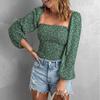 Slim Looking Square Collar Fashion Print Pullover Long Sleeves T-shirt