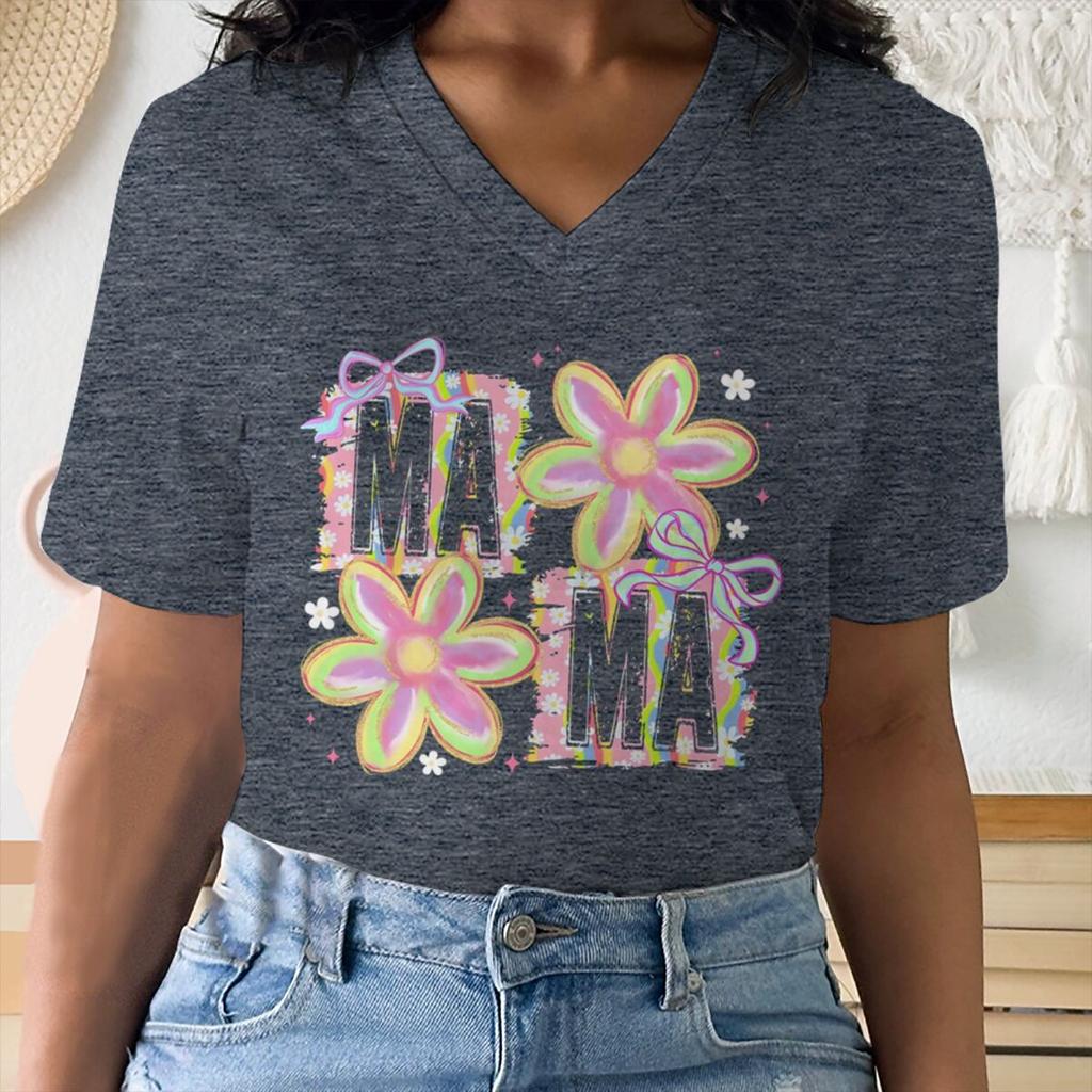 Vintage Flower Mama T-Shirt V-neck Design Funny Gift for Mama Trendy Women Clothing Mother's Day Fashion Tops Soft Tee