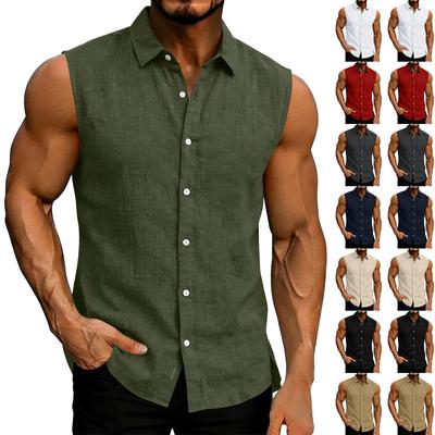 Men Sleeveless Button Down Shirt Casual Fit Solid Linen Blend Collared Top for Summer Outdoor Activities