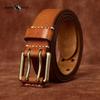 Men's Leather Belt Double Pin Buckle Top Layer Cowhide Retro Youth Copper Buckle Belt