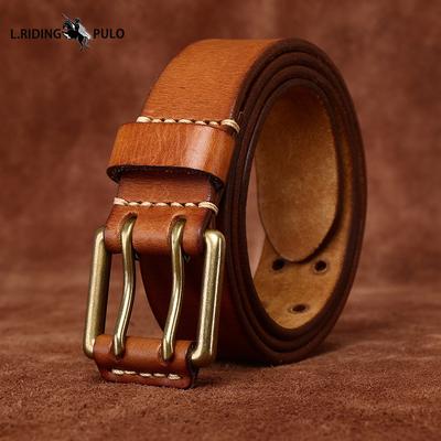 Cintura in Pelle da Uomo Fibbia a Doppio Ardiglione Pelle Bovina di Primo Strato Retro Gioventù Fibbia in Rame Cintura
