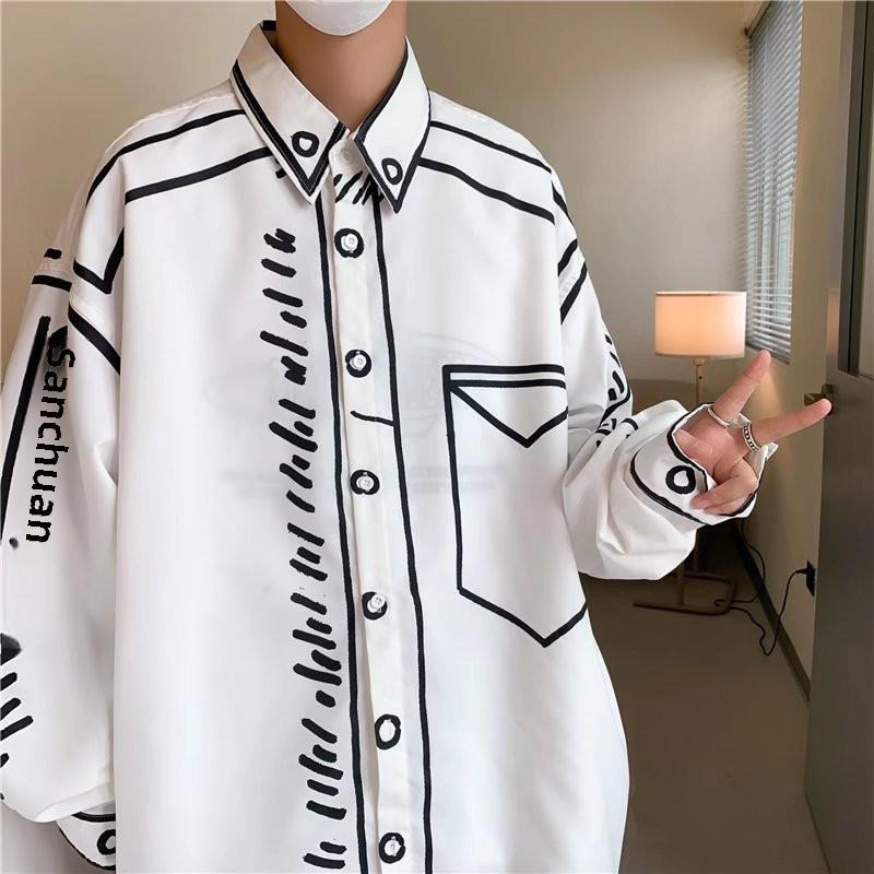 2026 Hand-Painted Graffiti Long-Sleeve Men s Loose Top - Hong Kong Style M белый