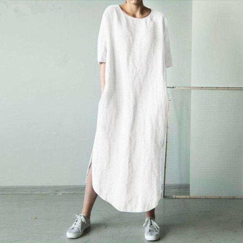Cotton and Linen Round Neck Half Sleeved Solid Color Side Slit Mid Calf Pocket Dress