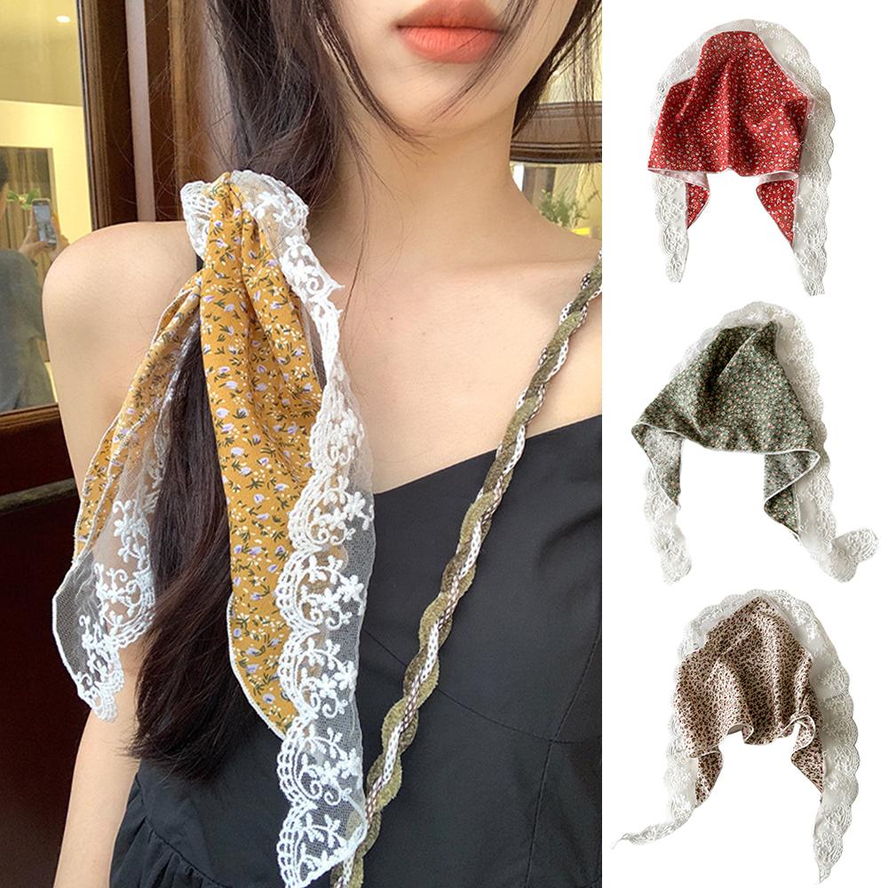 Ins Lace Floral Hair Scarf Women Triangle Bandana Hair Band Strap Hair Bag Headscarf Hat Travel Po Headband Turban Accessory