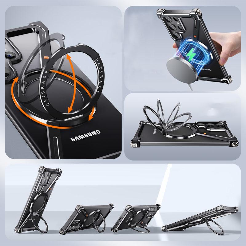 Aluminum Alloy Rimless Magnetic Case for Samsung S25 Ultra S24 Plus with 360 ° Rotation Metal Stand for Magsafe Buffer Hard Cover