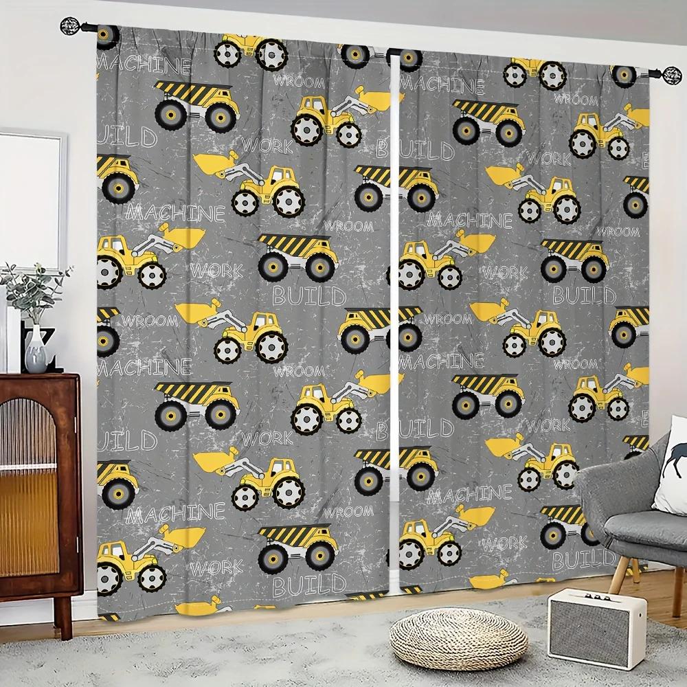 Set Of 2 Cartoon Fun Various Engineering Vehicle Printed Curtains Pole Bag Home Decoration Room Curtain Polyester