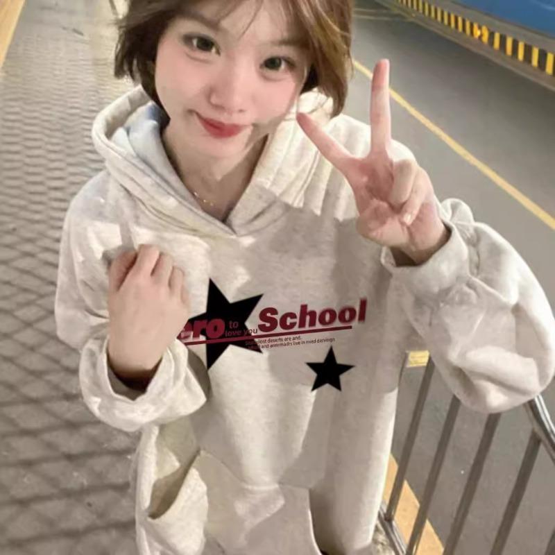 Autumn Winter Women's Vintage Printing Pullovers Ladies Harajuku Y2K Pocket Casual Hoodies Female Hooded Top