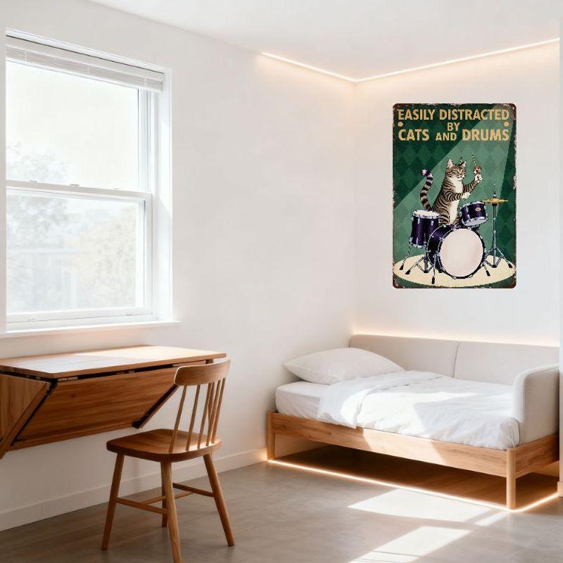 Vintage Distracted by Cats and Drums Metal Sign, Tabby Cat Playing Purple Drum Set, Rustic Wall Decor for Home Bar Pub Cafe, 8x1