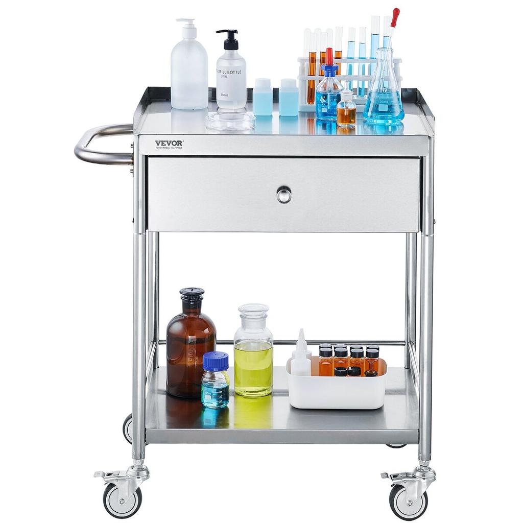 Medical Cart, 2 Layers Stainless Steel Cart 220 lbs Weight Capacity, Lab Utility Cart with 360° Silent Wheels and a Drawer for Lab, Clinic, Kitchen,