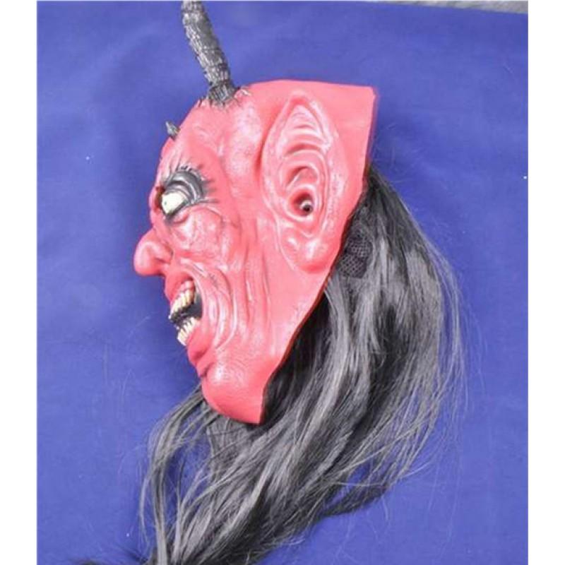 Halloween Devil Mask Long Hair Red Face Horns Scary Full Head Carnival Party