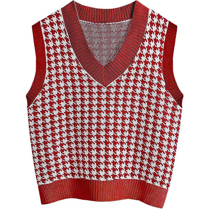 Women Fashion Oversized Houndstooth Plaid Knitted Vest Sweater Vintage Sleeveless Side Vents Female Waistcoat Chic Tops