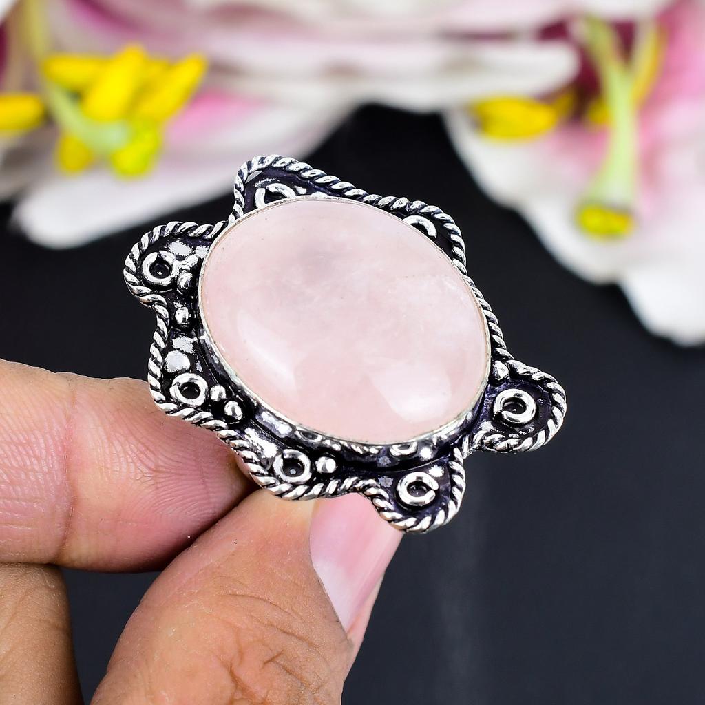 Rose Quartz Gemstone Handmade 925 Sterling Silver Jewelry Ring Size 10 KG-1699