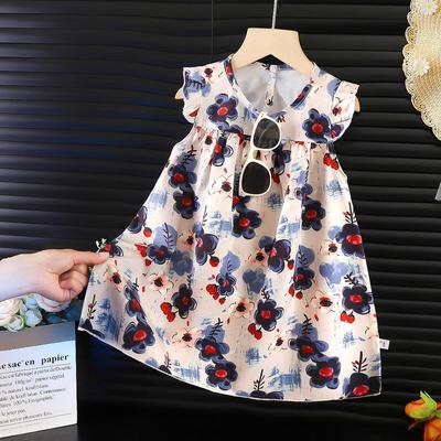 2026 Sommer Kinder Blumenmuster Chiffon Latzkleid mit Fledermausärmeln