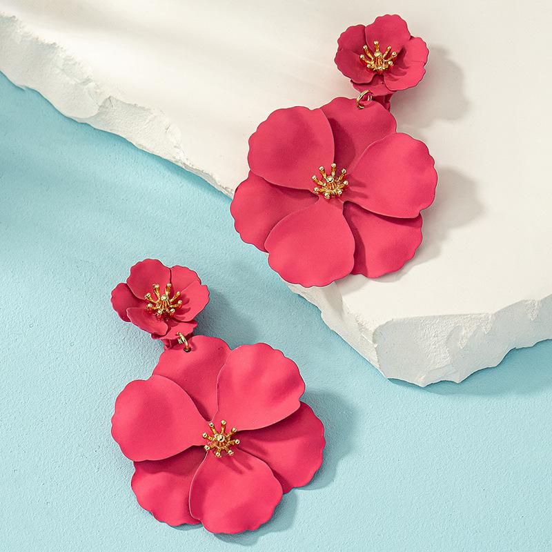 Mori Retro Long Temperament Colorful Flower Spray Paint Multi-Layer Creative Earclip Earrings