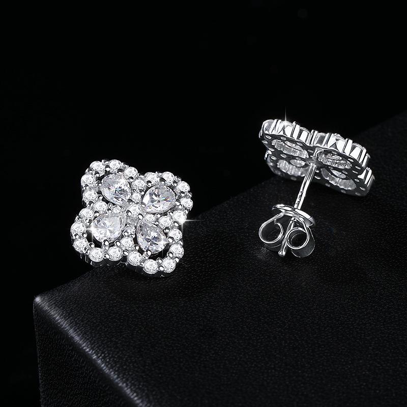 Boucles d'oreilles élégantes trèfle à quatre feuilles en moissanite: Argent Sterling S925, Design Flocon de Neige, Bijoux de Luxe Haut de Gamme