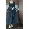 Women's Plus Size Elegant French Style Black Waist-Cinched Long Sleeve Dress