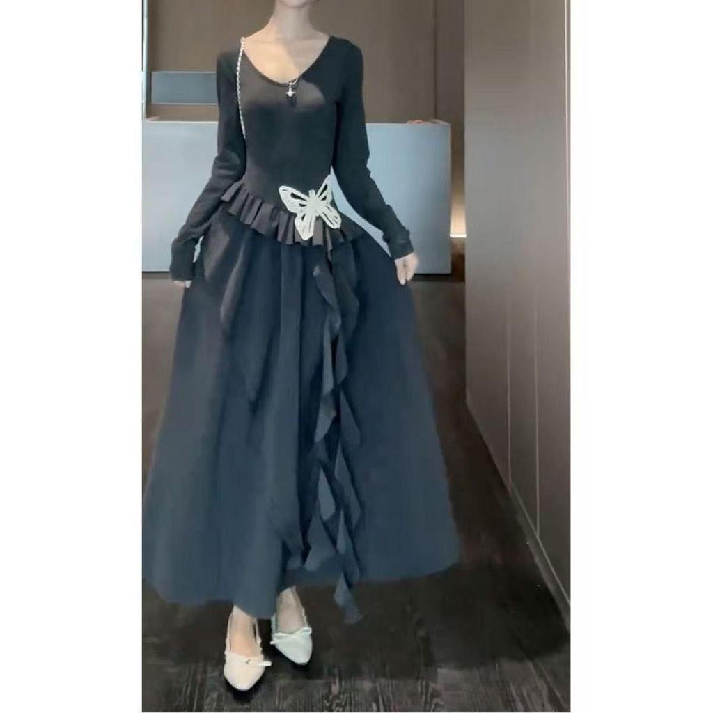 Women's Plus Size Elegant French Style Black Waist-Cinched Long Sleeve Dress