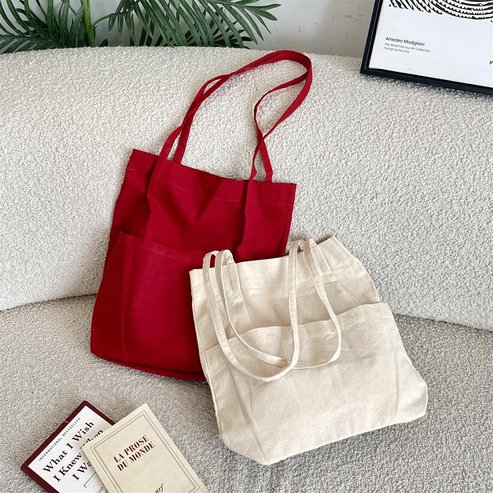 Solid Color Front Bag White Canvas Tote Bag Literary Shoulder Bag Student Large Capacity Bag
