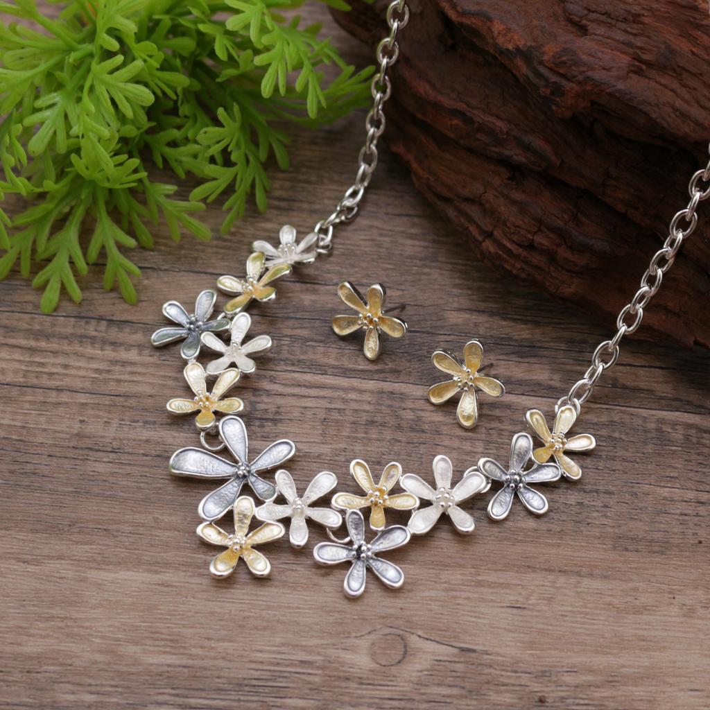 Colored flower stud earrings necklace set, fashionable painted oil flower women's versatile earrings neck chain