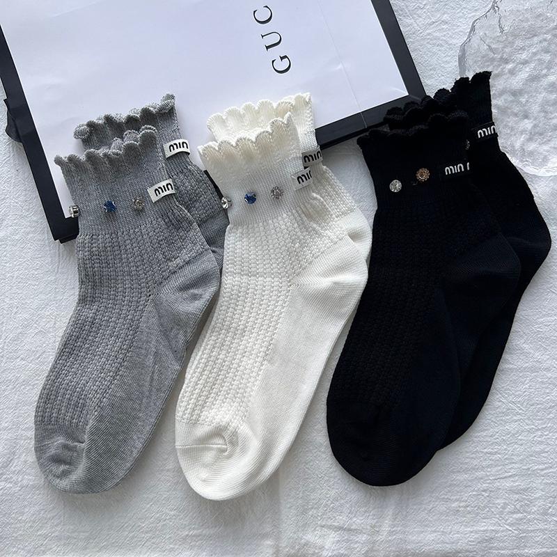 Elegant For Women European Light Luxury Trend Heel M Letter Cotton Soskcs Personality Set Diamond Mesh Breathable Lovely Sweet