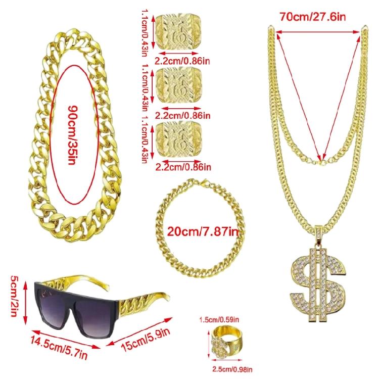 8 ks Oblečení 80. a 90. let Hip Hop Kostým Sada Cool Rapper Doplňky Zlatý Řetízek, Zlatý Náramek, Sluneční Brýle, Prsteny Náhrdelník