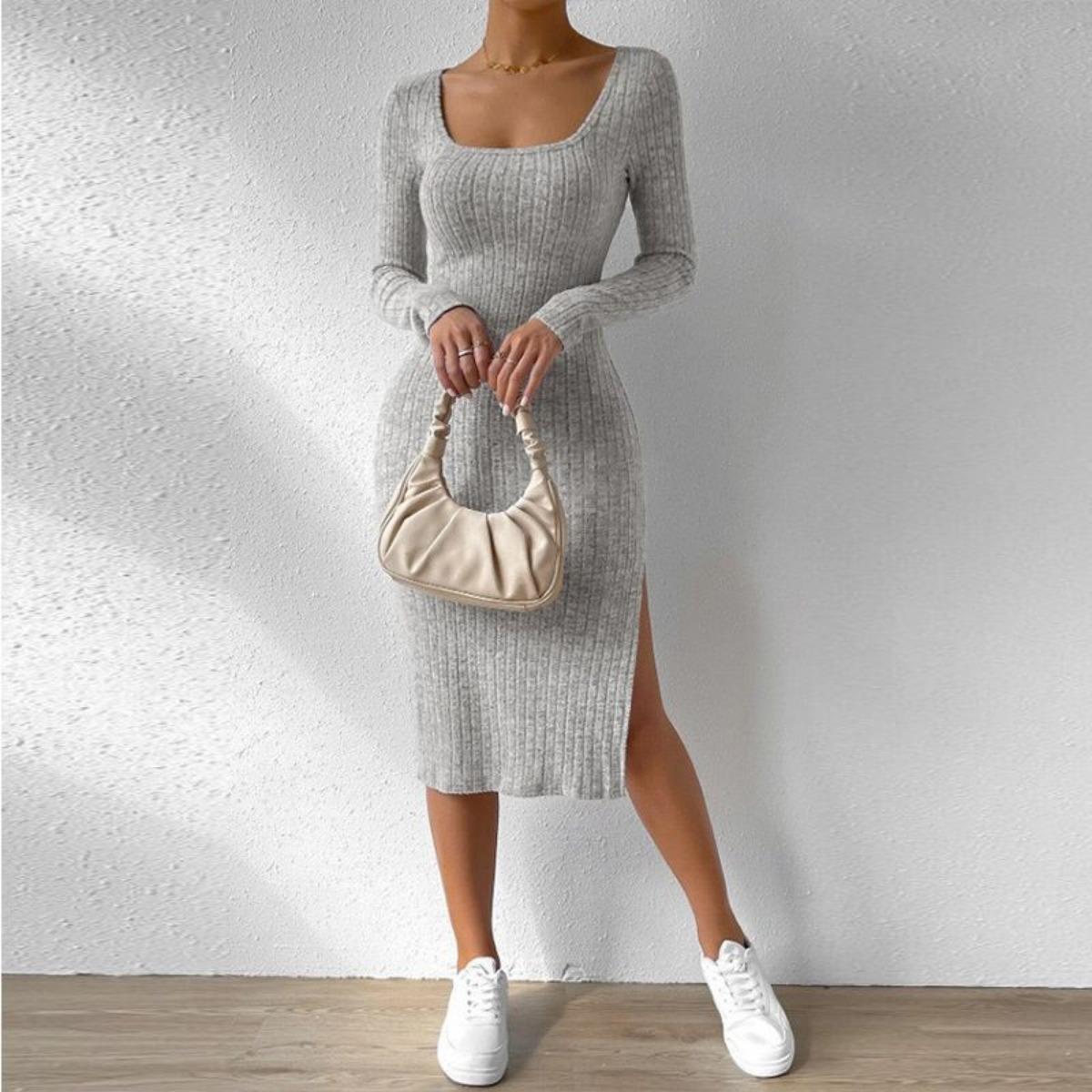 

Women s Fall Winter New Arrival Square Neck Long Sleeve Bodycon Slit Knit Midi Dress, Casual Party Evening Dress for Women S