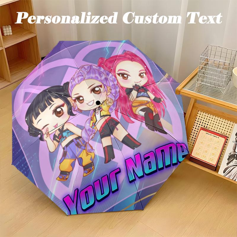 8 Rib Auto Folding Umbrella Kpop Demon Hunters Print Custom Name Text Portable Rain Gear