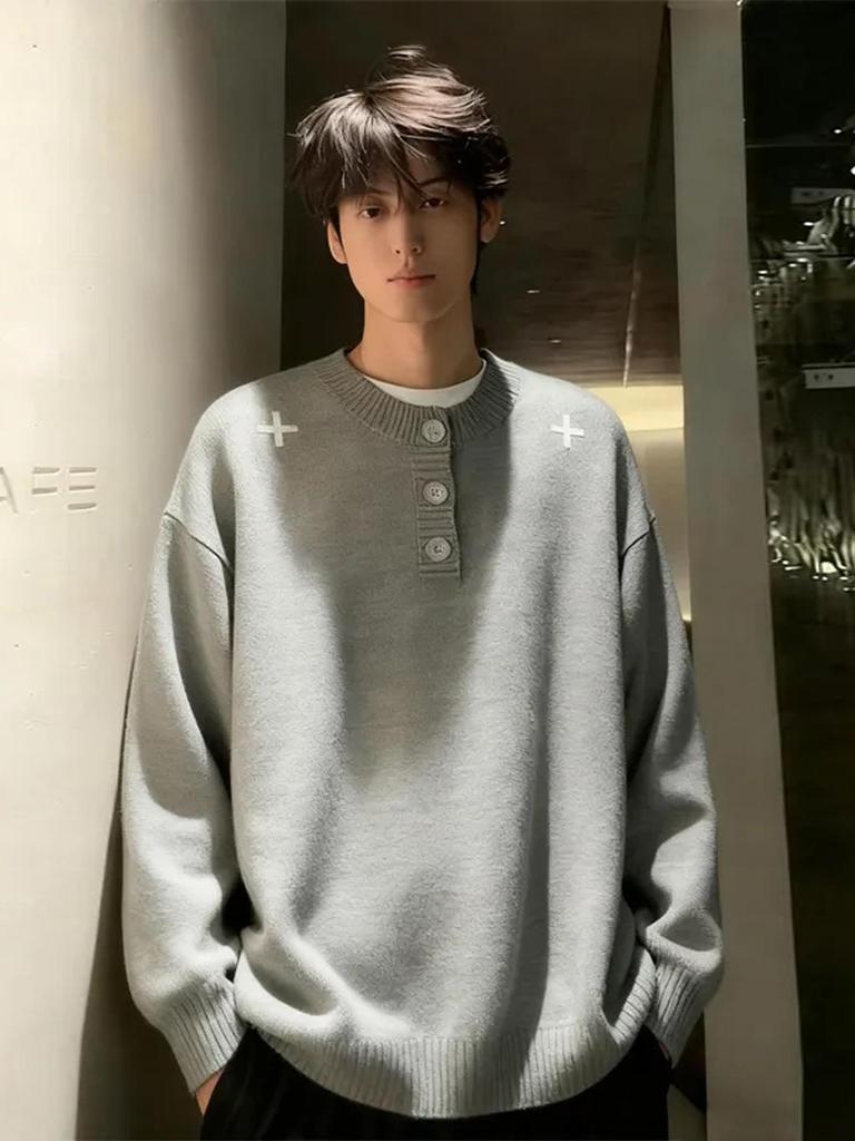 Unisex American-Style Embroidered Henley Sweater - High-Quality Knitwear for Autumn/Winter