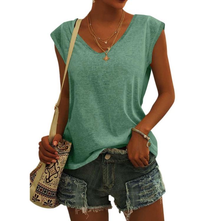 Women Fashion Casual V Neck Loose T-Shirt Solid Color Short Sleeve Top