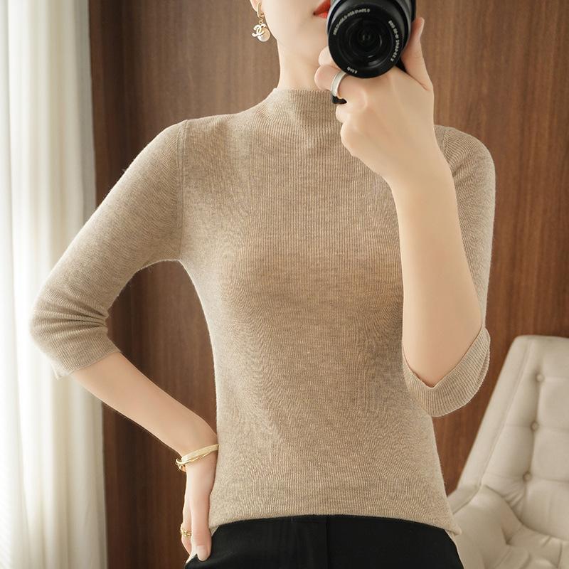 New Spring and Autumn Thin Knitted Sweater Female Slim Solid Color 7-point Sleeve Sweater Temperament Thin Solid Color Pullover Half Turtleneck