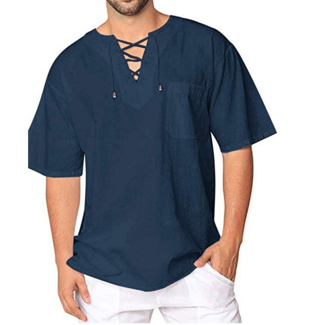 

Летние хлопковые льняные рубашки мужские ретро топы с короткими рукавами на шнуровке свободные однотонные футболки L